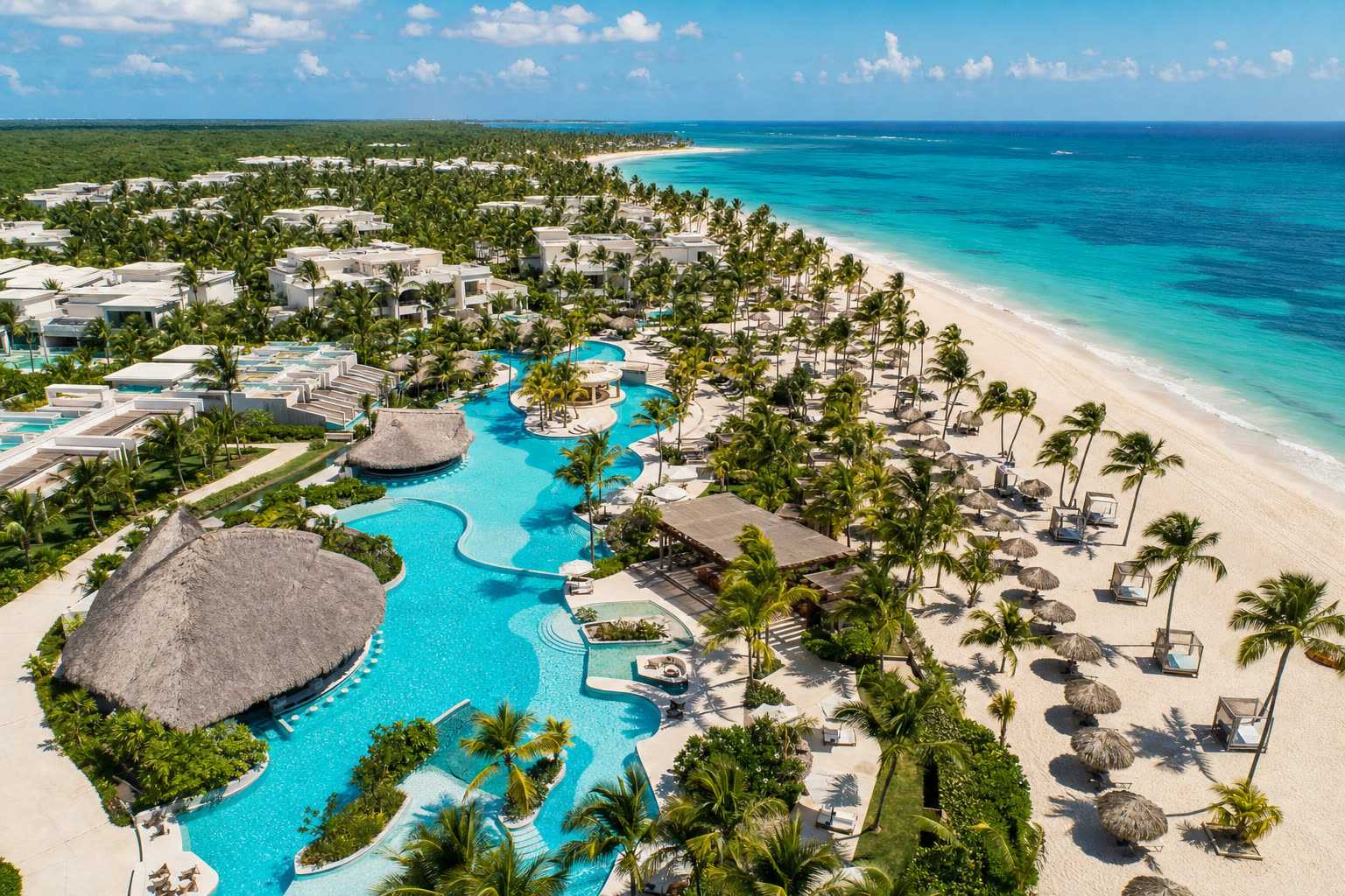 Aerial view of the Hard Rock resort pools and beach in Punta Cana